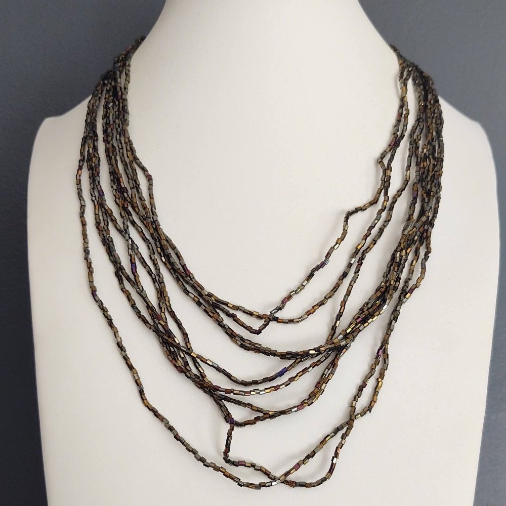 Metallic bugle bead layered necklace